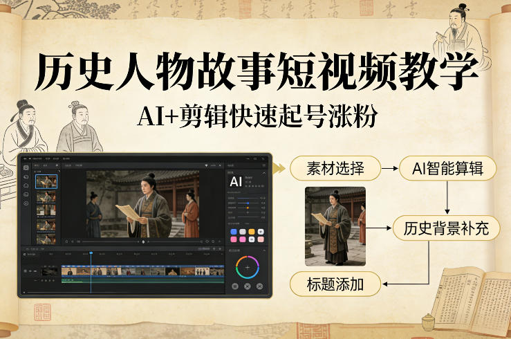 历史人物故事短视频教学,AI+剪辑制作历史人物题材短视频,快速起号涨粉-搞薯条网