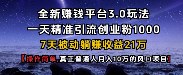 全新赚钱平台3.0玩法一天精准引流创业粉1000.7天被动躺Z收益21W【仅揭秘】 - 搞薯条网-搞薯条网