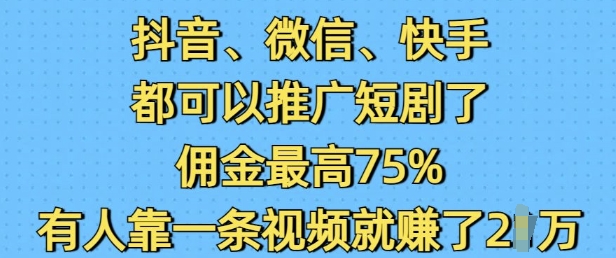 抖音微信快手都可以推广短剧了，佣金最高75%，有人靠一条视频就挣了2W - 搞薯条网-搞薯条网